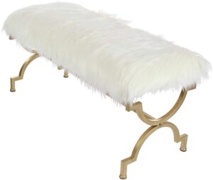 Contemporary Gold & White Faux Fur Cushion Bench with Quatrefoil Metal Frame